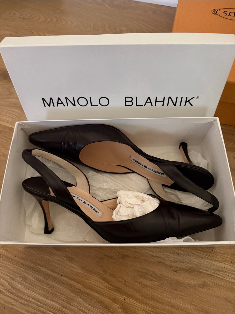 Manolo Blahnik Carolyne 50MM Black Leather Slingback Kitten Heel Pump